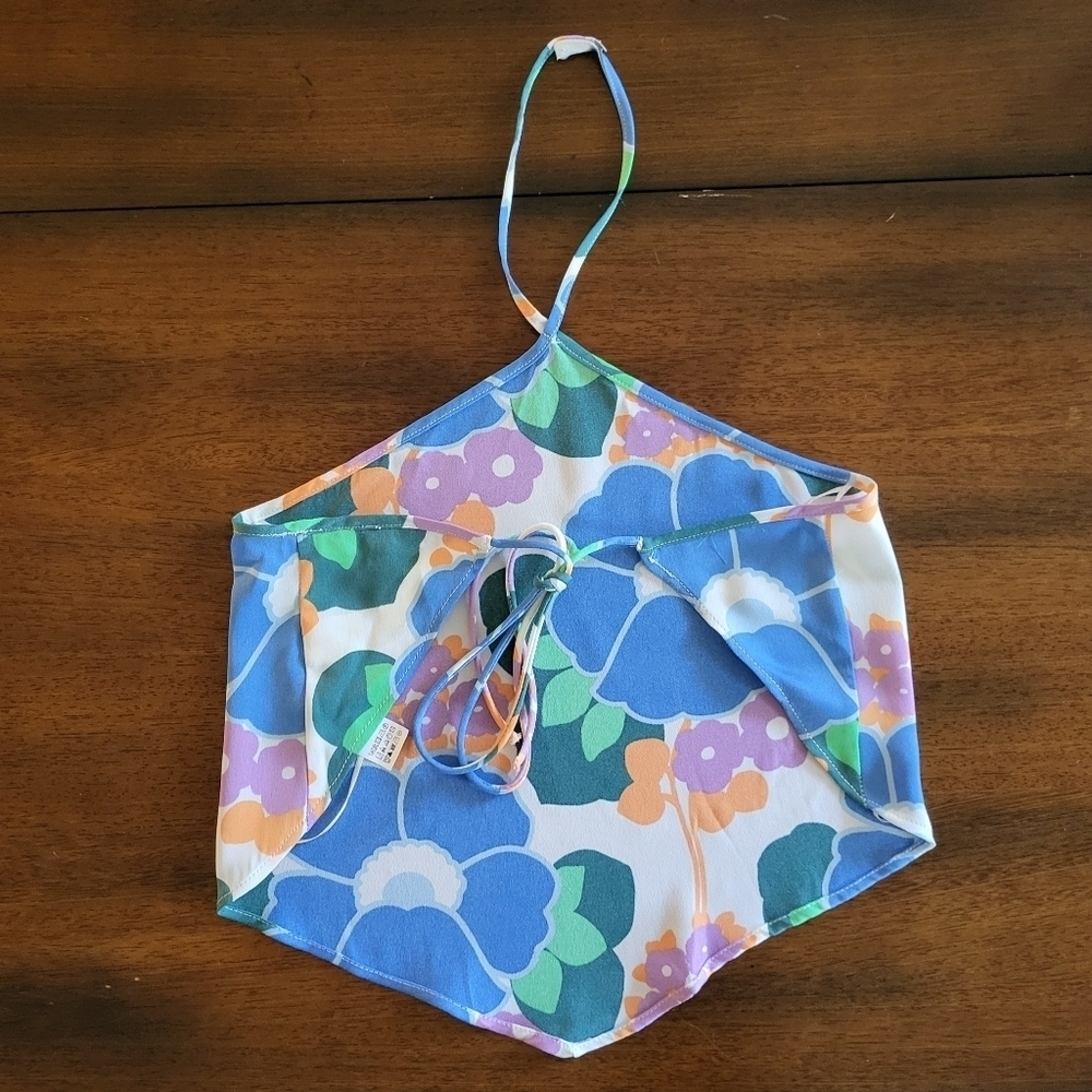 NWT Zara Retro 70s Floral Halter Top - Hanky Hem Backless Scarf Top XS Festival - Picture 6 of 12